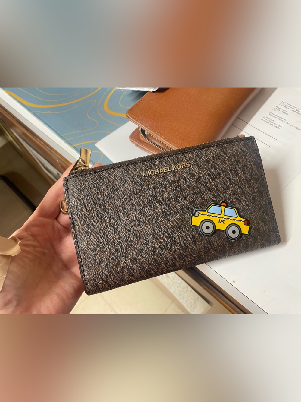 Michael Kors Brown Logo Yellow Taxi Cab Leather Wristlet - Picture 3 of 5